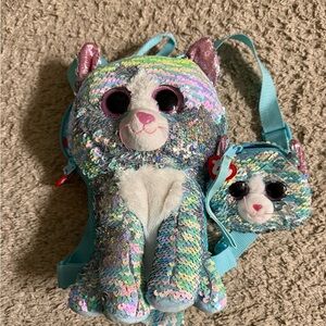 Ty Multicolor Sequin Cat Backpack and Coin Purse